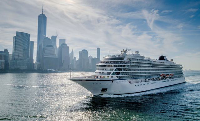Viking Star, the first 930-passenger ocean ship from Viking Cruises, sails past One World Trade Center in lower Manhattan in 2016.